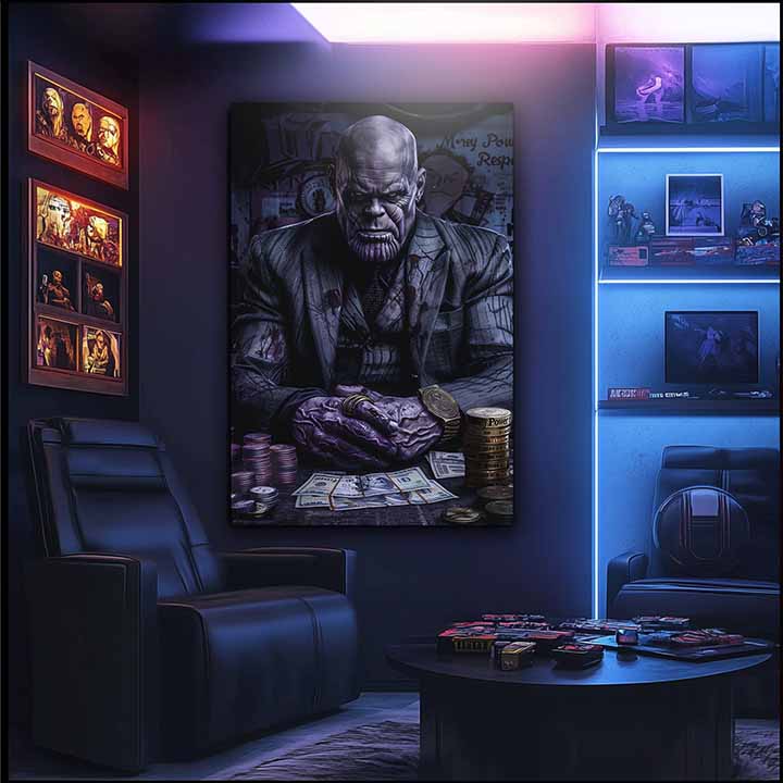 Modern vászonkép motívummal: Thanos: Vládca nekonečna lila-arany árnyalatokban, erő és hatalom | Kép Thanos: Vládca nekonečna – termék