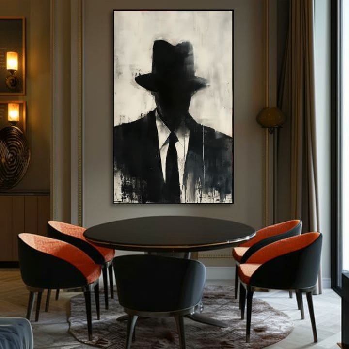 Kézzel festett vászonkép motívummal: The Faceless Mobster fekete-fehér árnyalatokban, titokzatos hangulat, titok és városi élet | Kép The Faceless Mobster – termék, nézet 3
