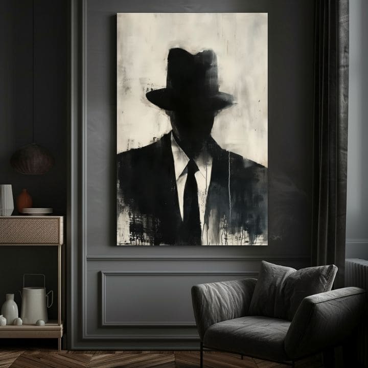 Kézzel festett vászonkép motívummal: The Faceless Mobster fekete-fehér árnyalatokban, titokzatos hangulat, titok és városi élet | Kép The Faceless Mobster – termék, nézet 4