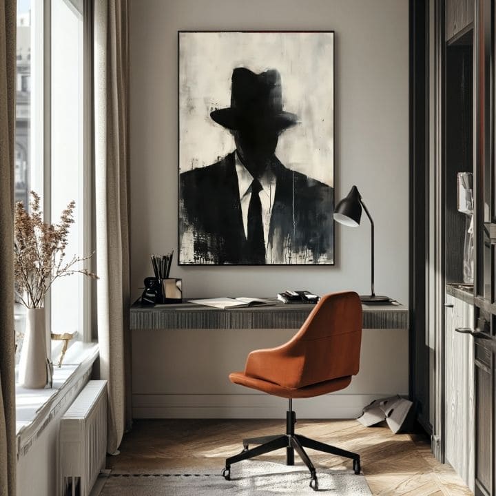 Kézzel festett vászonkép motívummal: The Faceless Mobster fekete-fehér árnyalatokban, titokzatos hangulat, titok és városi élet | Kép The Faceless Mobster – termék, nézet 5