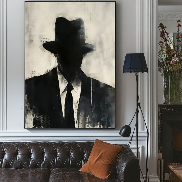 Kézzel festett vászonkép motívummal: The Faceless Mobster fekete-fehér árnyalatokban, titokzatos hangulat, titok és városi élet | Kép The Faceless Mobster – termék