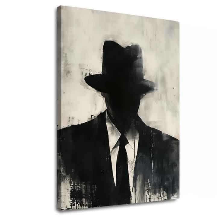 Kézzel festett vászonkép motívummal: The Faceless Mobster fekete-fehér árnyalatokban, titokzatos hangulat, titok és városi élet | Kép The Faceless Mobster – fő