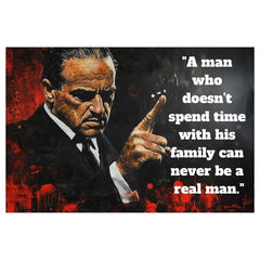 Pop art vászonkép motívummal: The Godfather na vásznon, férfi öltönyben fekete-piros árnyalatokban, intenzív hangulat, család és erő és hatalom – fő