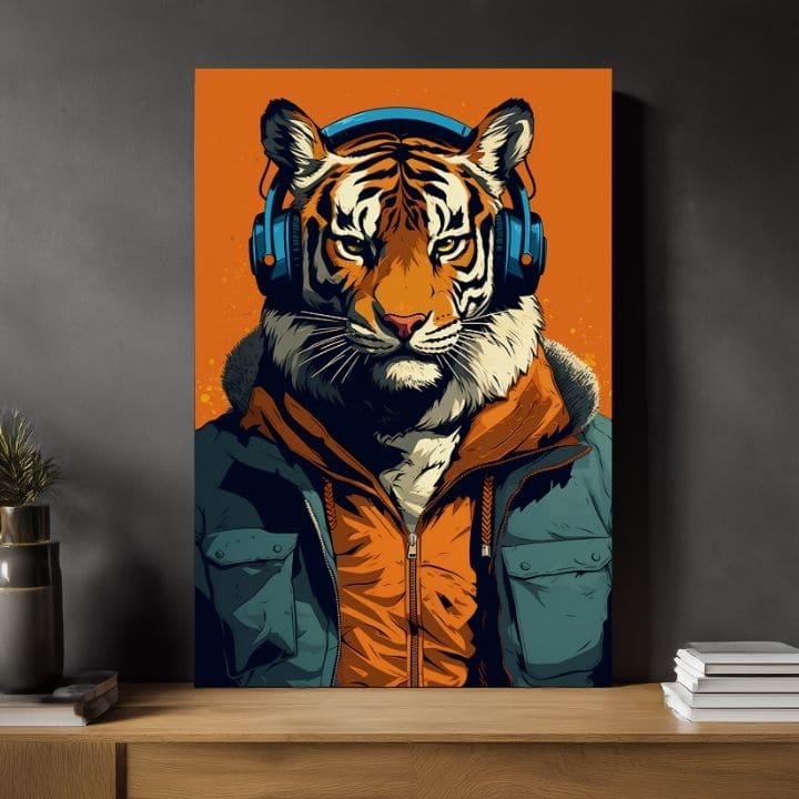 Modern vászonkép motívummal: Tiger Vibes, tigris, fejhallgató, zakó narancs-kék árnyalatokban, természet | Kép Tiger Vibes – termék