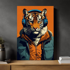 Modern vászonkép motívummal: Tiger Vibes, tigris, fejhallgató, zakó narancs-kék árnyalatokban, természet | Kép Tiger Vibes – termék