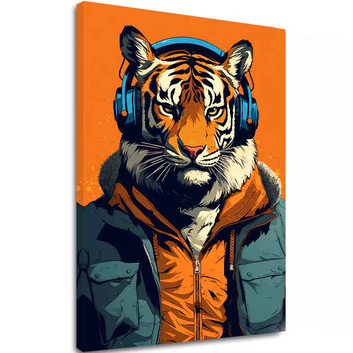 Modern vászonkép motívummal: Tiger Vibes, tigris, fejhallgató, zakó narancs-kék árnyalatokban, természet | Kép Tiger Vibes – fő