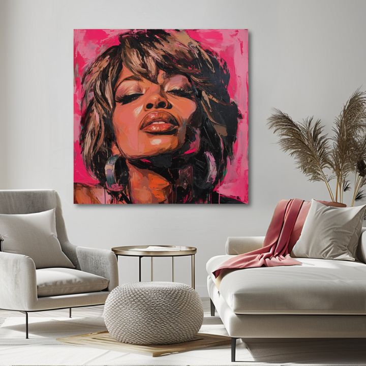 Kézzel festett vászonkép motívummal: Tina Turner - Királynő rocku, fejhallgató barna árnyalatokban, érzéki hangulat, szépség | Kép Tina Turner - Királynő rocku – termék, nézet 2