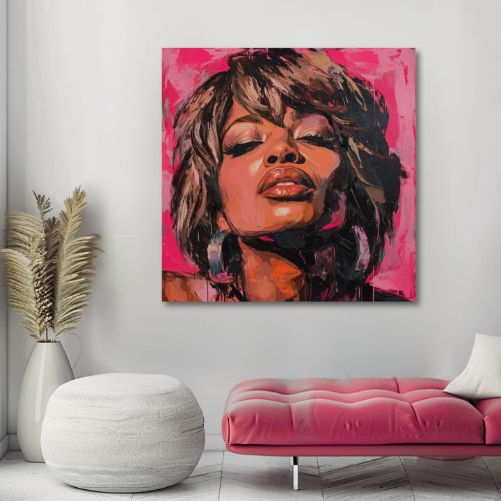 Kézzel festett vászonkép motívummal: Tina Turner - Királynő rocku, fejhallgató barna árnyalatokban, érzéki hangulat, szépség | Kép Tina Turner - Királynő rocku – termék
