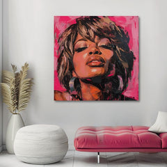 Kézzel festett vászonkép motívummal: Tina Turner - Királynő rocku, fejhallgató barna árnyalatokban, érzéki hangulat, szépség | Kép Tina Turner - Királynő rocku – termék