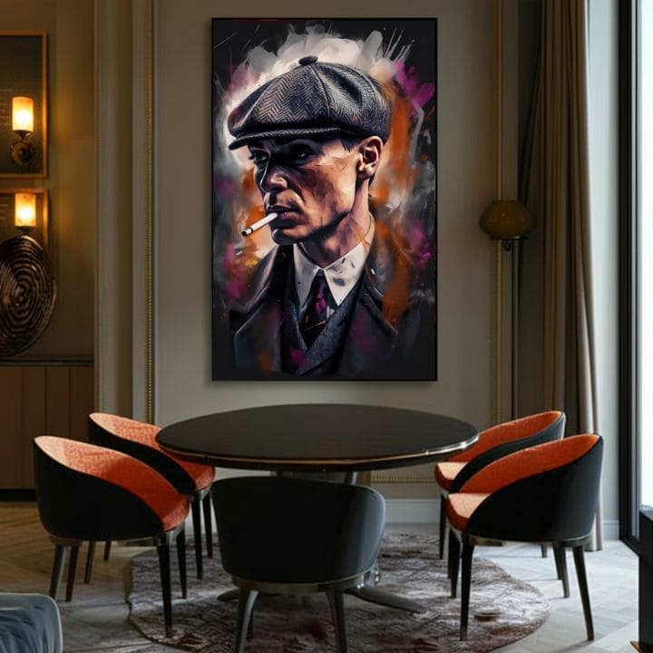 Kézzel festett vászonkép motívummal: Tommy Shelby: Király ulíc, szivar szürke-fekete árnyalatokban | Kép Tommy Shelby: Király ulíc – termék, nézet 2