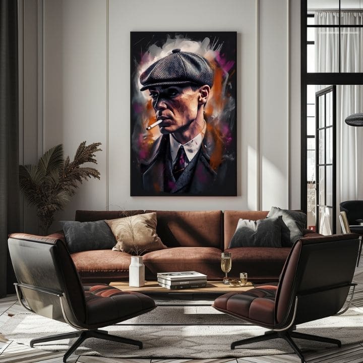 Kézzel festett vászonkép motívummal: Tommy Shelby: Király ulíc, szivar szürke-fekete árnyalatokban | Kép Tommy Shelby: Király ulíc – termék, nézet 3
