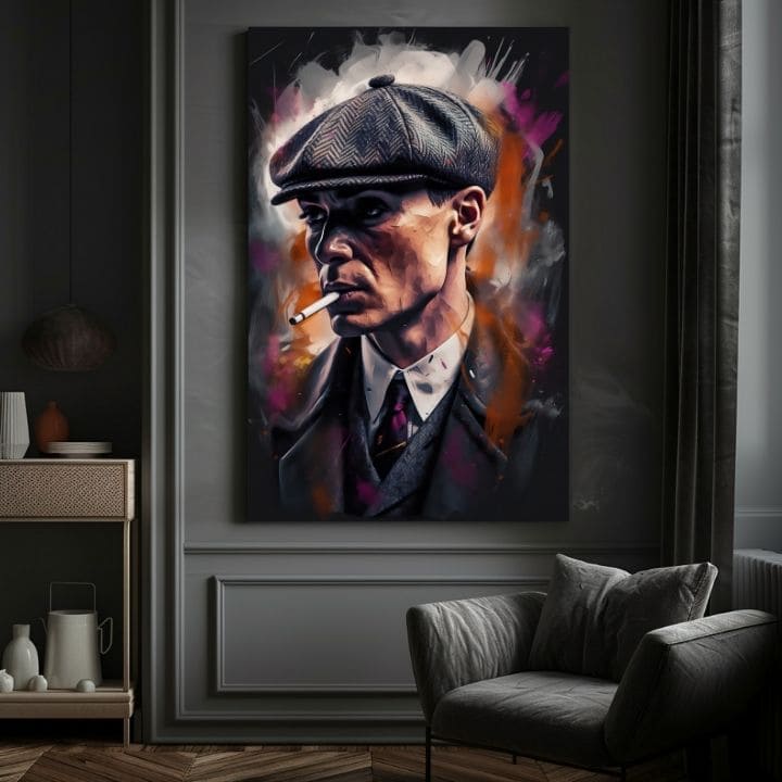 Kézzel festett vászonkép motívummal: Tommy Shelby: Király ulíc, szivar szürke-fekete árnyalatokban | Kép Tommy Shelby: Király ulíc – termék, nézet 4