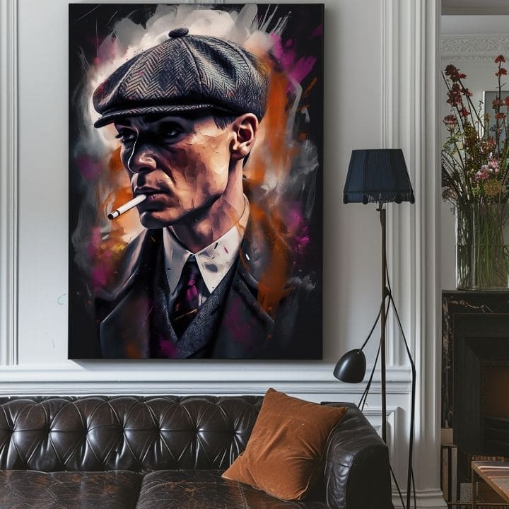 Kézzel festett vászonkép motívummal: Tommy Shelby: Király ulíc, szivar szürke-fekete árnyalatokban | Kép Tommy Shelby: Király ulíc – termék