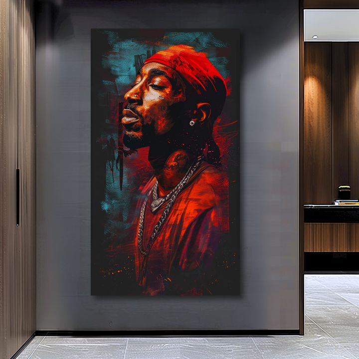 Kézzel festett vászonkép motívummal: Tupac Shakur - Ikona za mikrofónom piros-fekete árnyalatokban, intenzív hangulat | Kép Tupac Shakur - Ikona za mikrofónom – termék