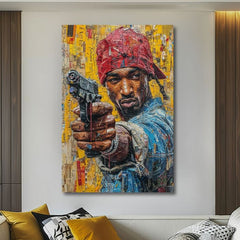 Kézzel festett vászonkép motívummal: Tupac Shakur - Rapová gangster sárga-piros árnyalatokban, városi élet | Kép Tupac Shakur - Rapová gangster – termék, nézet 2