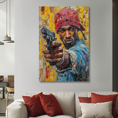 Kézzel festett vászonkép motívummal: Tupac Shakur - Rapová gangster sárga-piros árnyalatokban, városi élet | Kép Tupac Shakur - Rapová gangster – termék