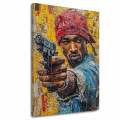 Kézzel festett vászonkép motívummal: Tupac Shakur - Rapová gangster sárga-piros árnyalatokban, városi élet | Kép Tupac Shakur - Rapová gangster – fő