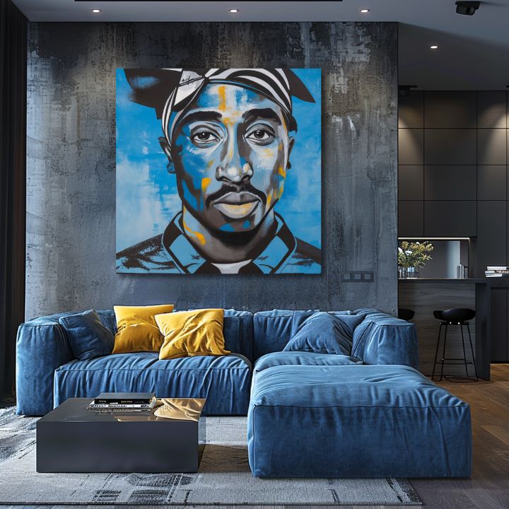 Kézzel festett vászonkép motívummal: Tupac Shakur - Rapper v nebi fekete-fehér árnyalatokban, intenzív hangulat | Kép Tupac Shakur - Rapper v nebi – termék