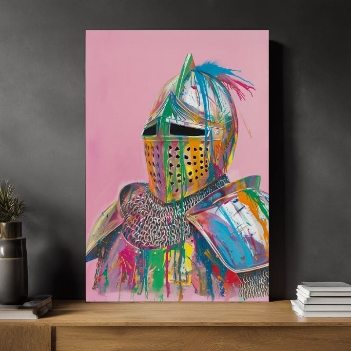 Kézzel festett vászonkép motívummal: Vivid Knight na vásznon sárga-lila árnyalatokban, játékos hangulat | Kép Vivid Knight na vásznon – termék, nézet 2