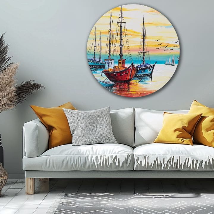 Pop art vászonkép motívummal: óceán, égbolt, táj kék-narancs árnyalatokban, nyugodt hangulat, alkalmas a konyha számára | Kerek festett kép Nekonečná szépség – termék