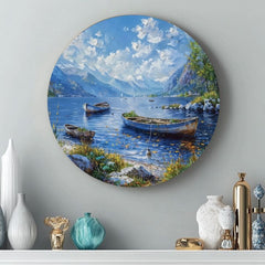 Kézzel festett vászonkép motívummal: Alpské Člny, tó, hegyek, égbolt, felhők kék árnyalatokban, nyugodt hangulat, természet | Kerek képek s akrylom Alpské Člny – termék