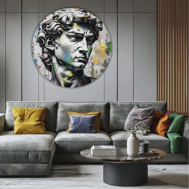 Pop art vászonkép motívummal: Antický nézet Davida kék-rózsaszín árnyalatokban, intenzív hangulat, idő, alkalmas a iroda számára | Kerek képek s akrylom Antický nézet Davida – termék, nézet 2