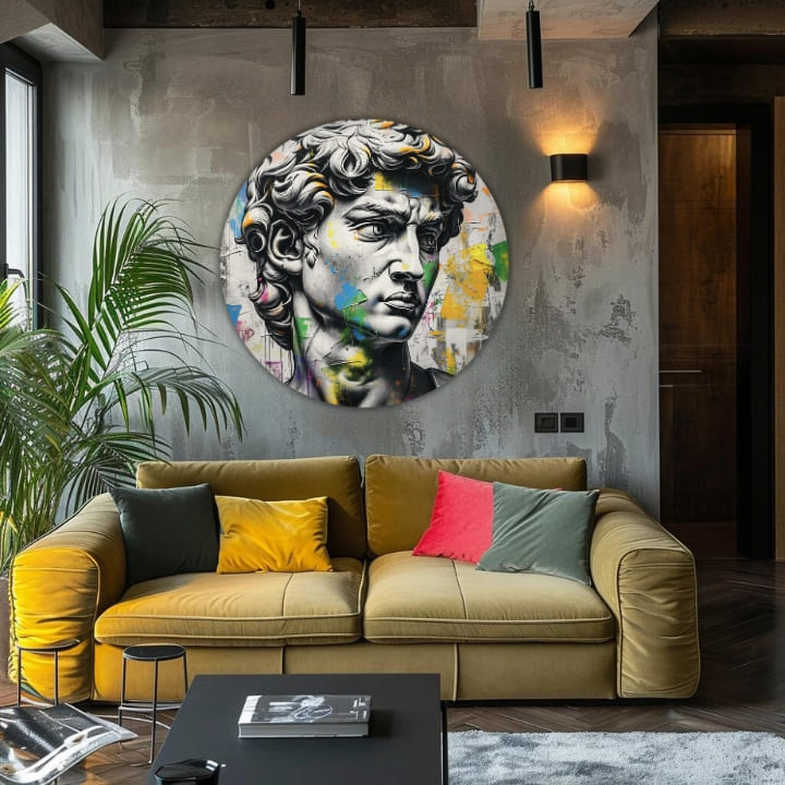 Pop art vászonkép motívummal: Antický nézet Davida kék-rózsaszín árnyalatokban, intenzív hangulat, idő, alkalmas a iroda számára | Kerek képek s akrylom Antický nézet Davida – termék