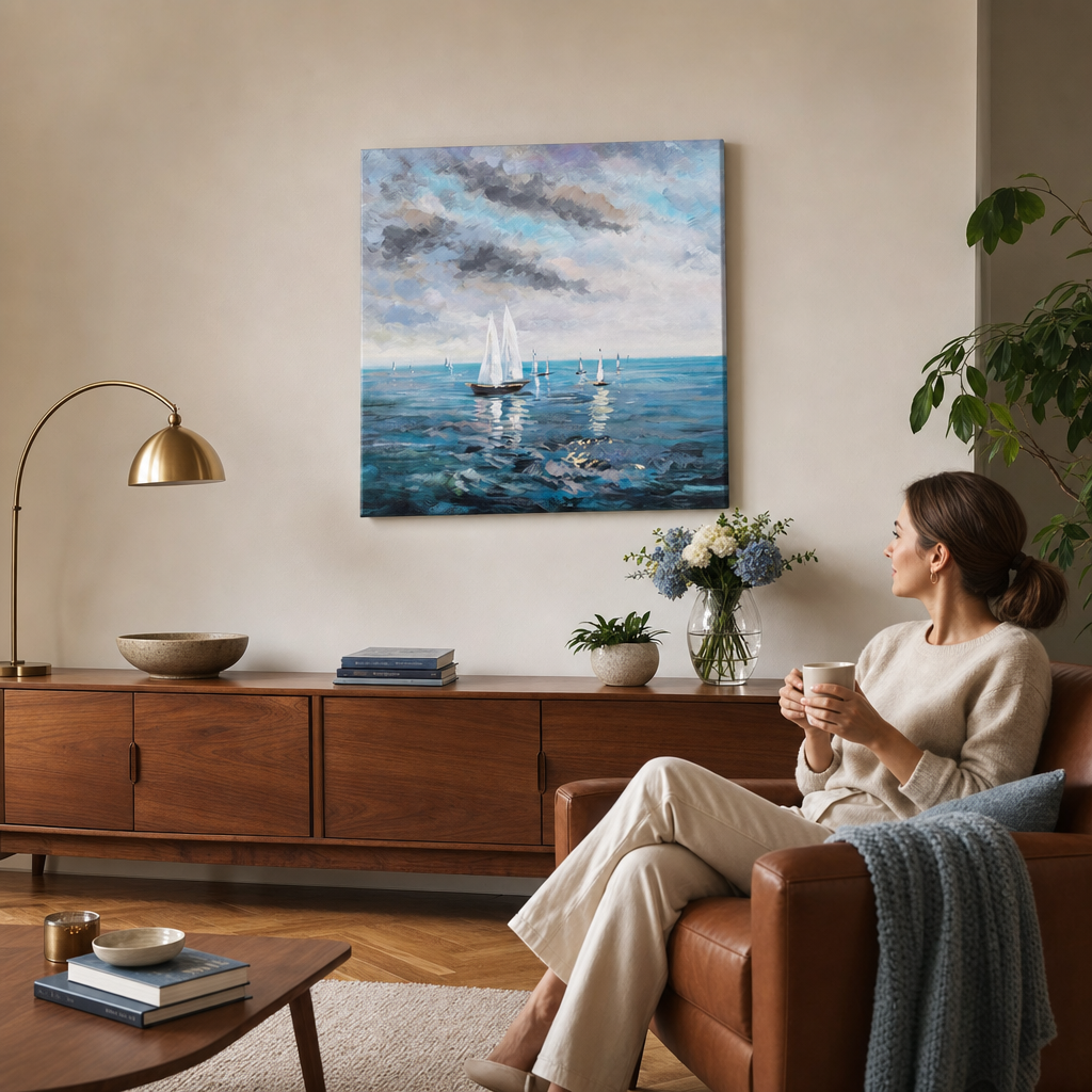 Festett falikép HAJÓ 70x70 cm – kézzel festett kép elegáns enteriőrben (Mid-century warm) | wall mockup | prémium vászon | Papilora.sk
