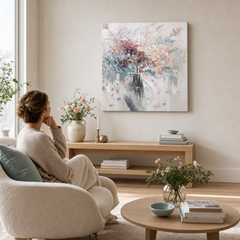 Festett falikép VIRÁGOK 1 részes YOBCWFFL040 - 80x80 cm – kézzel festett kép elegáns enteriőrben (Scandi neutral) | wall mockup | prémium vászon | Papilora.sk