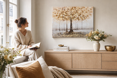 Festett falikép FA 120x90 cm – kézzel festett kép elegáns enteriőrben (Ablakolvasás) | fal mockup | prémium vászon | Papilora.sk