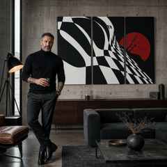 Kézzel festett POP Art absztrakt sakktábla festmény 3 darab fl – kép modern férfi belső térben, lifestyle vizualizáció. Domináns színek: fekete, fehér, piros.