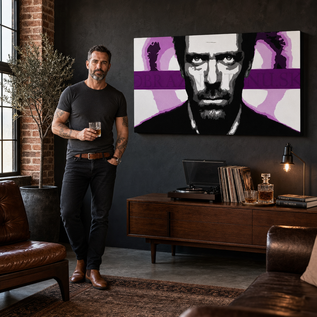Kézzel festett POP Art Art festmény Dr. HOUSE 1 db 1010 dh – kép modern férfi belső térben, lifestyle vizualizáció. Domináns színek: fekete, fehér, lila, rózsaszín, szürke.