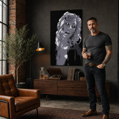 Kézzel festett POP Art Christina Aguilera 1 db ca2 – kép modern férfi belső térben, lifestyle vizualizáció. Domináns színek: fekete, fehér, szürke.