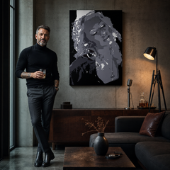 Kézzel festett POP Art Christina Aguilera 1 db kb. – kép modern férfi belső térben, lifestyle vizualizáció. Domináns színek: fekete, szürke, fehér.