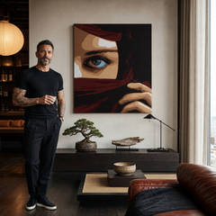 Kézzel festett POP Art Eye 1 darab szemfestés – kép modern férfi belső térben, lifestyle vizualizáció. Domináns színek: barna, fekete, zöld, piros, kék.