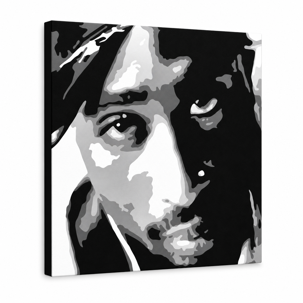 Kézzel festett POP Art festmény 2 PAC 1 darab 2pac – 3D látvány a kézzel festett vászonról fehér háttéren. Domináns színek: fekete, fehér, szürke.