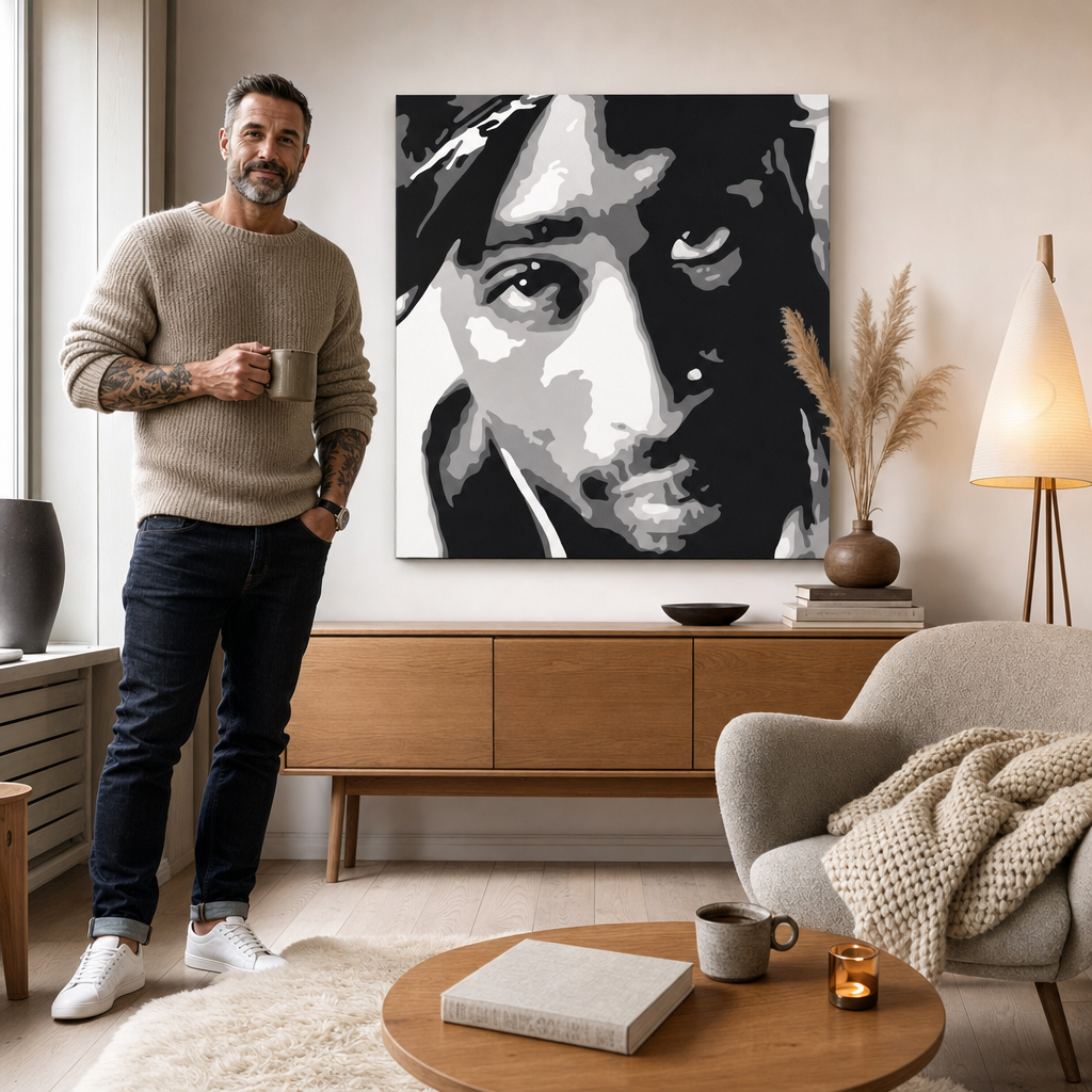 Kézzel festett POP Art festmény 2 PAC 1 darab 2pac – kép modern férfi belső térben, lifestyle vizualizáció. Domináns színek: fekete, fehér, szürke.