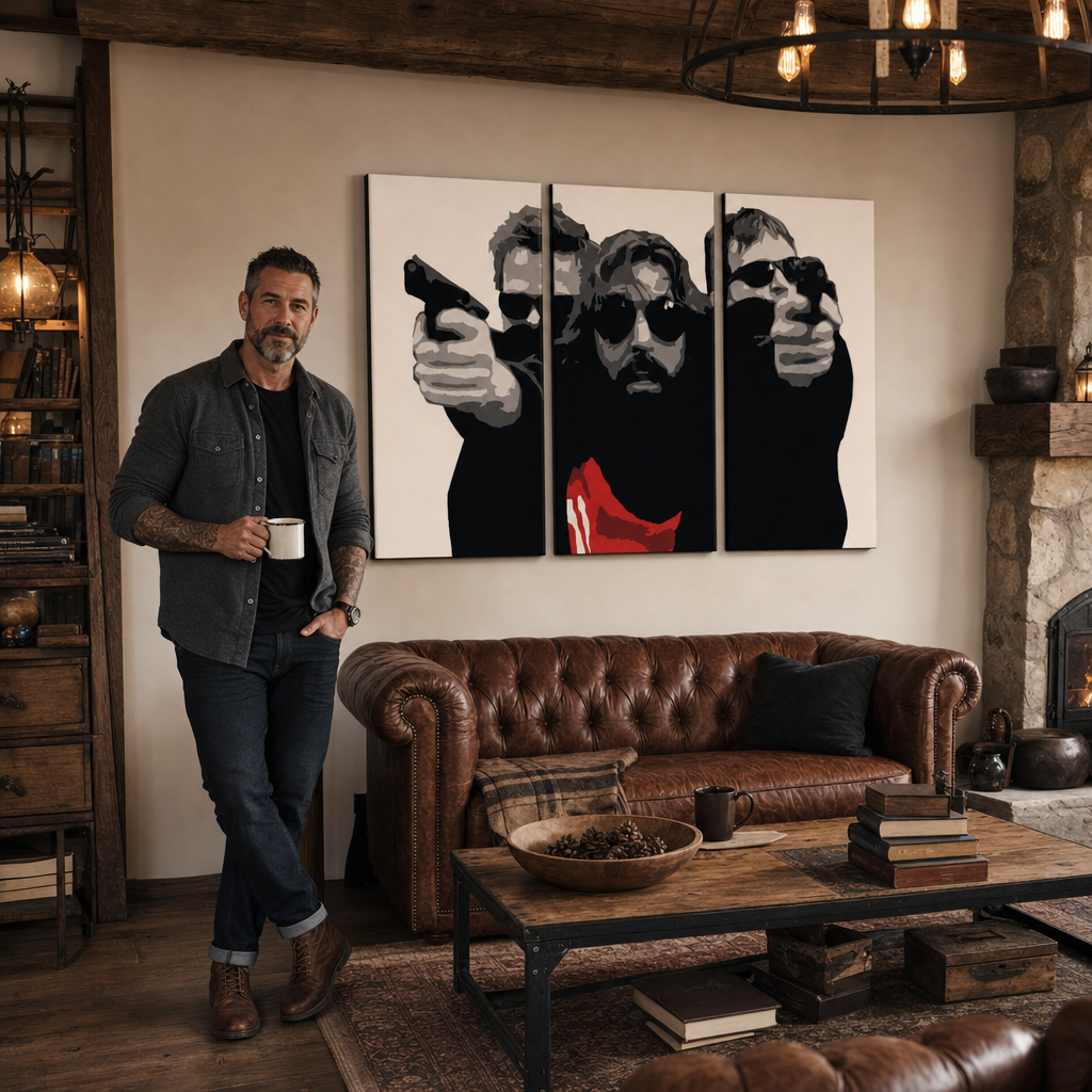 Kézzel festett POP Art festmény A bondock szent 3 darab tbs – kép modern férfi belső térben, lifestyle vizualizáció. Domináns színek: fekete, fehér, piros.