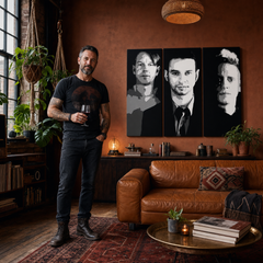 Kézzel festett POP Art festmény a Depeche Mode-ról 3 rész 000 dep – kép modern férfi belső térben, lifestyle vizualizáció. Domináns színek: fekete, fehér, szürke.