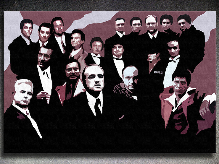 Pop art vászonkép motívummal: The MAFIA Family, autó fehér-fekete árnyalatokban, drámai hangulat, család és erő és hatalom, alkalmas a nappali számára – fő [YOBPPFAMILY2]