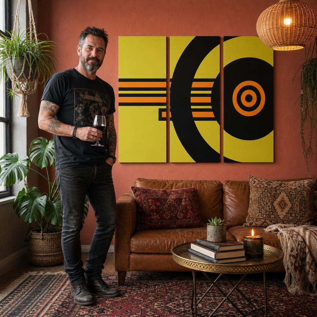 Kézzel festett POP Art festmény ABSZTRAKT 3-részes abstr1 – kép modern férfi belső térben, lifestyle vizualizáció. Domináns színek: sárga, fekete, narancssárga.