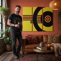 Kézzel festett POP Art festmény ABSZTRAKT 3-részes abstr1 – kép modern férfi belső térben, lifestyle vizualizáció. Domináns színek: sárga, fekete, narancssárga.