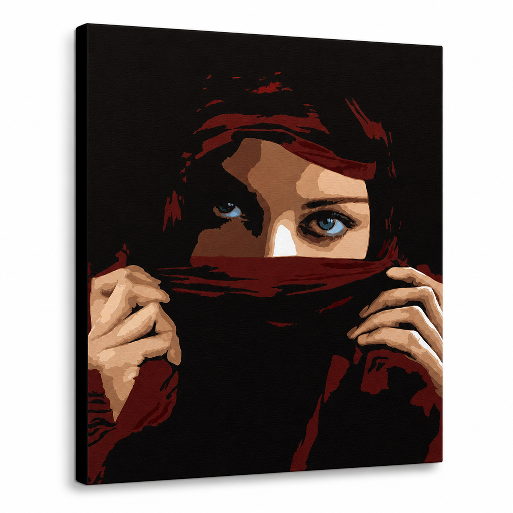 Kézzel festett POP Art festmény Aicha 1 darab aicha – 3D látvány a kézzel festett vászonról fehér háttéren. Domináns színek: piros, barna, kék, bézs, fekete.