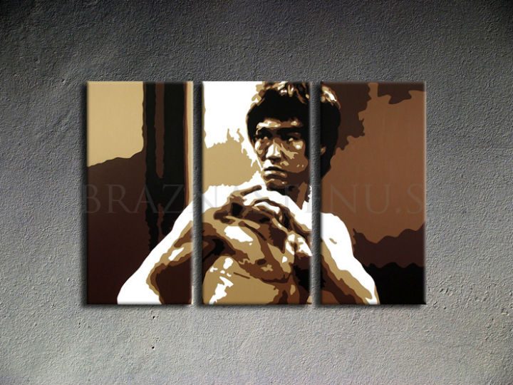 Kézzel festett vászonkép motívummal: AL Bruce Lee barna-fehér árnyalatokban, intenzív hangulat, erő és ikonográfia | Kézzel festett POP Art kép AL Bruce Lee – termék