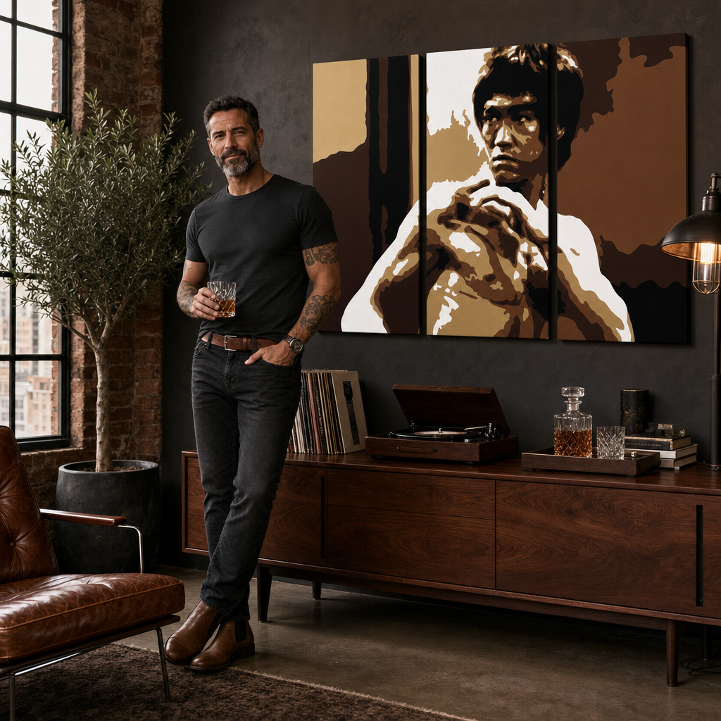 Kézzel festett POP Art festmény AL Bruce Lee 3 darab Lee – kép modern férfi belső térben, lifestyle vizualizáció. Domináns színek: barna, bézs, fekete, arany, fehér.