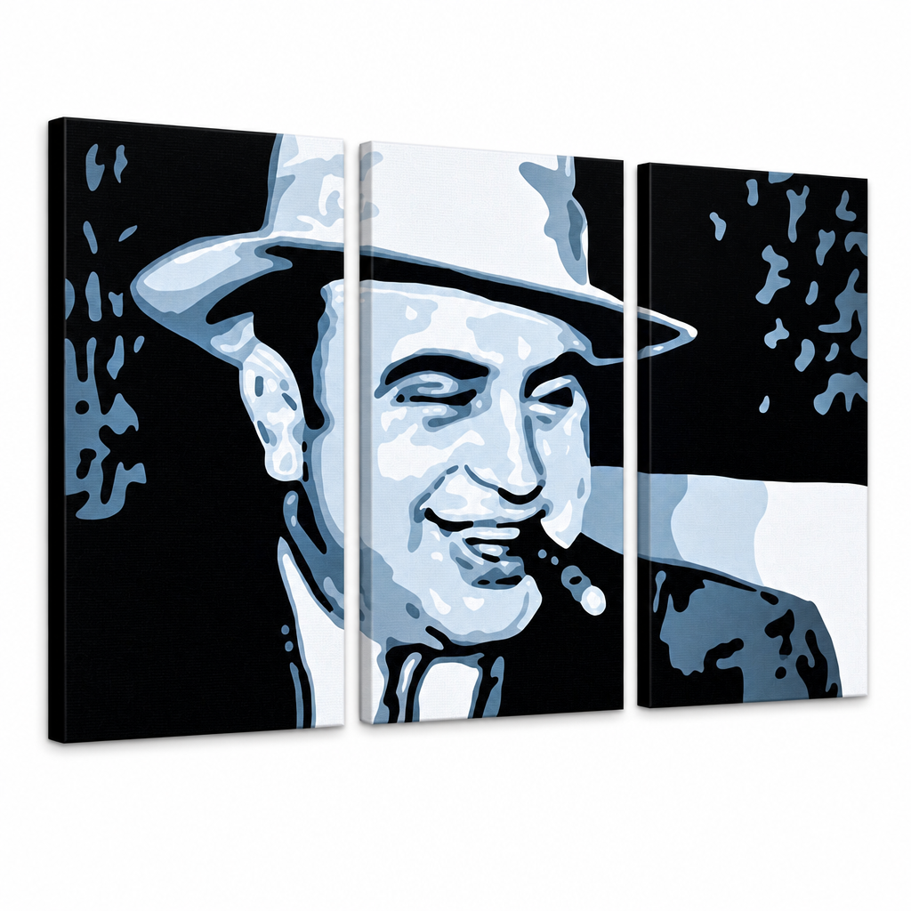 Kézzel festett POP ART festmény AL CAPONE – 3D látvány a kézzel festett vászonról fehér háttéren. Domináns színek: fekete, kék, fehér.