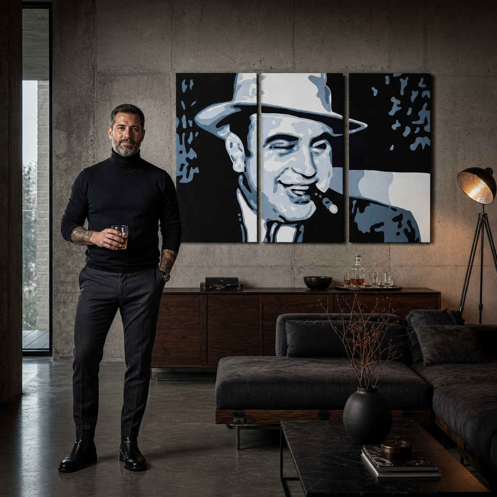 Kézzel festett POP ART festmény AL CAPONE – kép modern férfi belső térben, lifestyle vizualizáció. Domináns színek: fekete, kék, fehér.