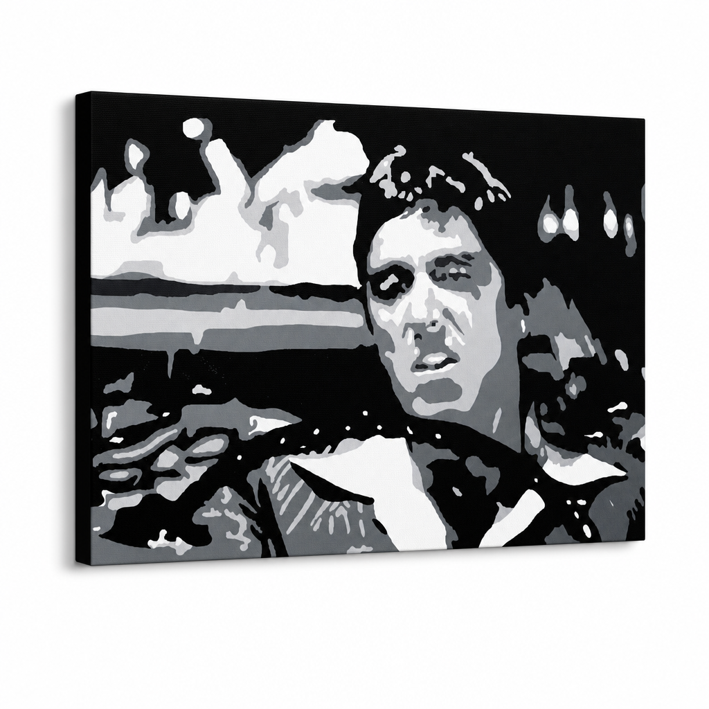 Kézzel festett POP Art festmény AL PACINO 1 db al13 – 3D látvány a kézzel festett vászonról fehér háttéren. Domináns színek: fekete, fehér, szürke.