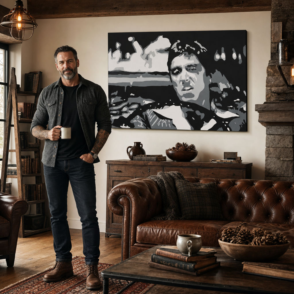 Kézzel festett POP Art festmény AL PACINO 1 db al13 – kép modern férfi belső térben, lifestyle vizualizáció. Domináns színek: fekete, fehér, szürke.