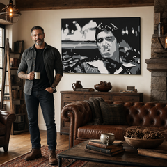 Kézzel festett POP Art festmény AL PACINO 1 db al13 – kép modern férfi belső térben, lifestyle vizualizáció. Domináns színek: fekete, fehér, szürke.